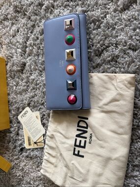 Authentic Fendi Lavender Leather Continental Wallet on chain with Colorful Studs